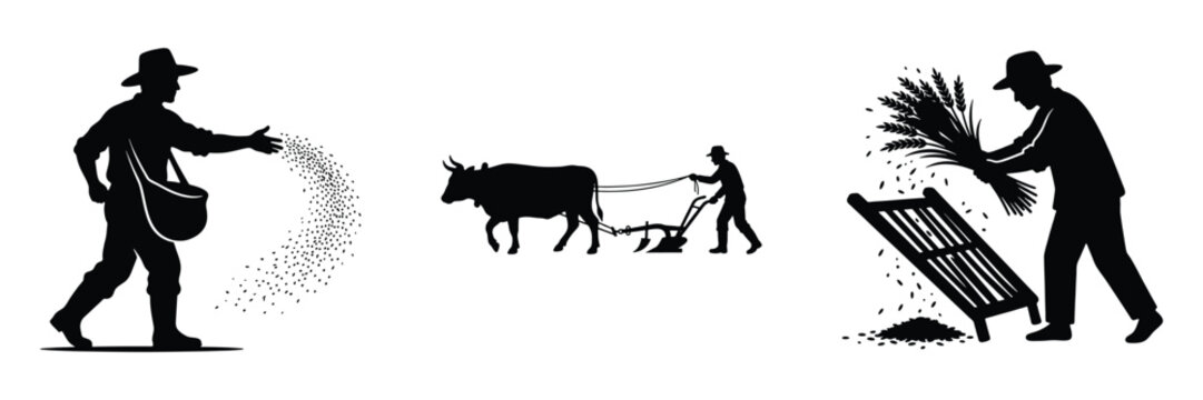 Three black vector silhouettes of farmers doing traditional agricultural work including sowing seeds by hand, plowing a field with an ox, and threshing wheat stalks on a rack