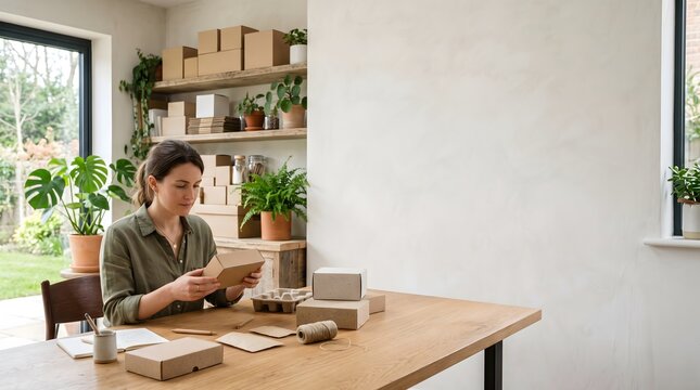Eco-Friendly Product Designer Reviewing Sustainable Materials at Wooden Desk