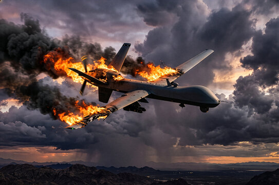 Military Drone Crashing in Flames and Smoke Over Mountains at Sunset
