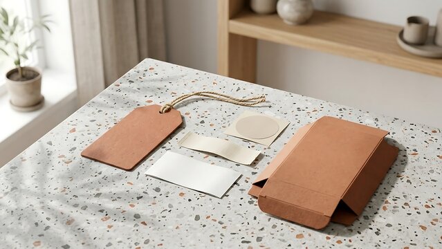 Minimalist branding mockup stationery set featuring cardboard box hangtag with string and blank labels on an elegant terrazzo stone table with organic window shadows in a bright airy room