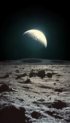 Fototapeta premium Stunning lunar landscape with crescent earth rising over the alien horizon of a rocky moon surface.
