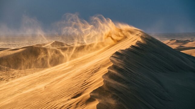 Sand plume rising from desert dune during windstorm