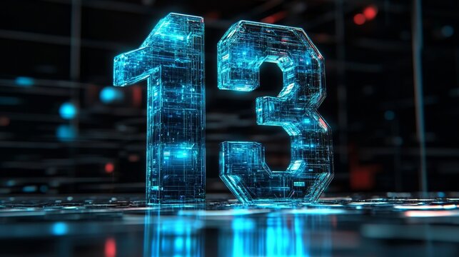 Futuristic 3D Number 13 Illuminated With Glowing Blue Digital Circuits On Dark Technology Background