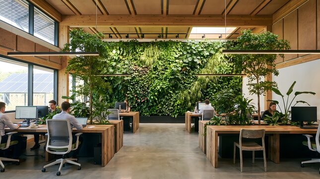 Employees Working Productively in Modern Sustainable Office with Living Wall