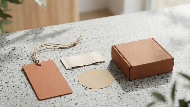 Minimalist sustainable packaging branding mockup set featuring a small craft cardboard box, recycled paper tags with twine, and a textile swatch on a grey terrazzo stone surface for eco-friendly