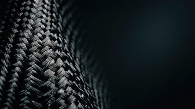 Macro view of woven black carbon fiber material with dark background