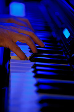 Musician Playing Synthesizer Keyboard In Blue Stage Lighting Close Up