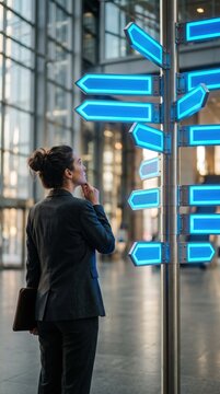 Thoughtful businesswoman looking at blank glowing directional signpost arrows choosing career path and decision making concept