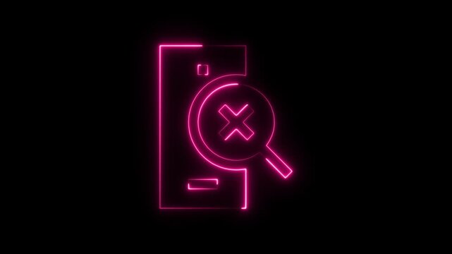 Neon pink smartphone icon with a magnifying glass and cross symbol for search error or restricted content on black background