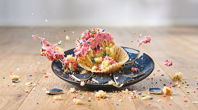 Shattered dark blue plate with exploding pink frosted cupcake and rainbow sprinkles on a wooden floor