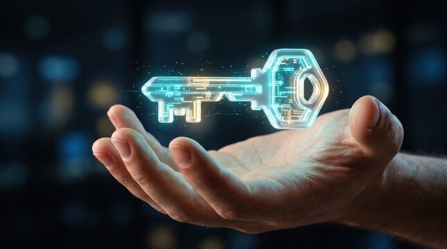Hand holding glowing digital cyber key with circuit board pattern internet security concept