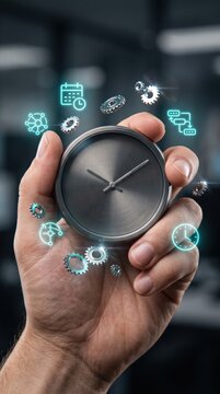 Hand holding minimalist metal clock with floating glowing productivity and time management icons