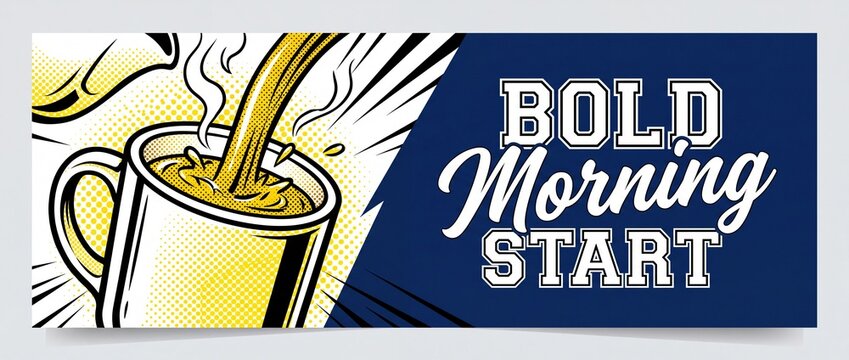 Pop art coffee pouring mug vector banner with steam and splash for energetic morning routine and breakfast concept graphic illustration background template with bold text space and comic book style