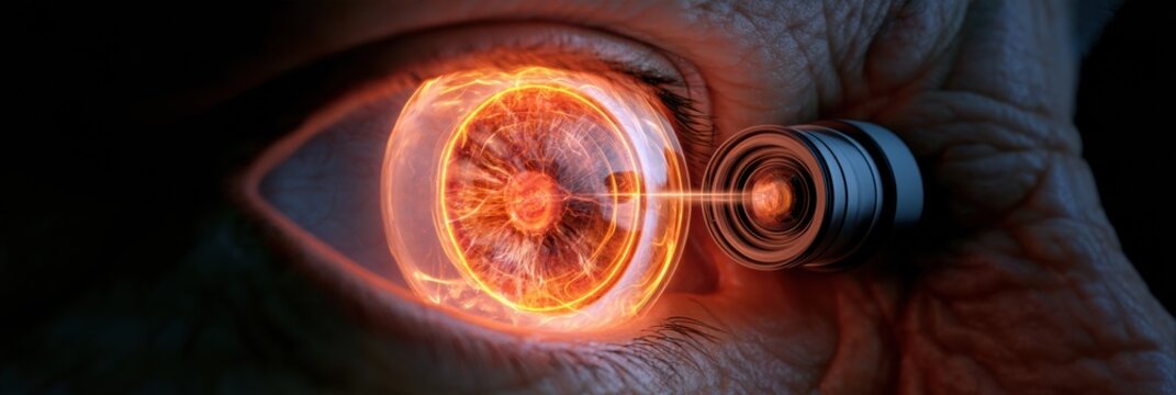 A bionic eye system shows a retinal implant working with camera feed to restore vision. The scene is set against a dark background.