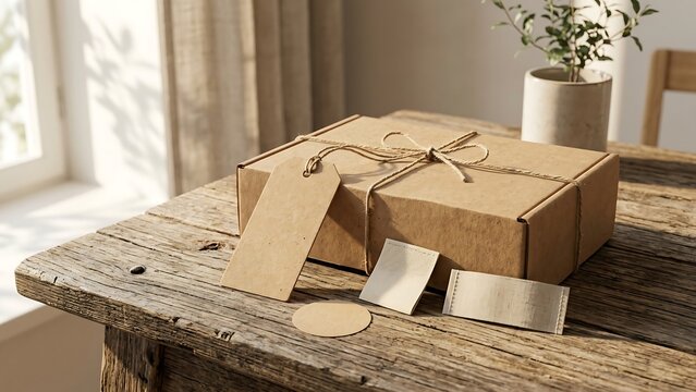 Minimalist eco-friendly cardboard packaging box with blank paper tags and twine rope on rustic wooden table background for branding mock-up and sustainable shipping concept