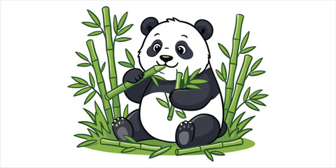 Adorable cartoon panda eating bamboo in a green bamboo grove bear animal © MSTSARIFA