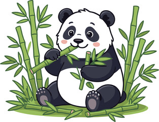 Cute cartoon panda eating bamboo in a lush green bamboo forest bear animal © MSTSARIFA