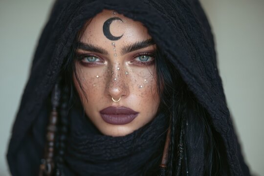 Woman's portrait with moon symbol, freckles, face gems, and nose ring looking at viewer