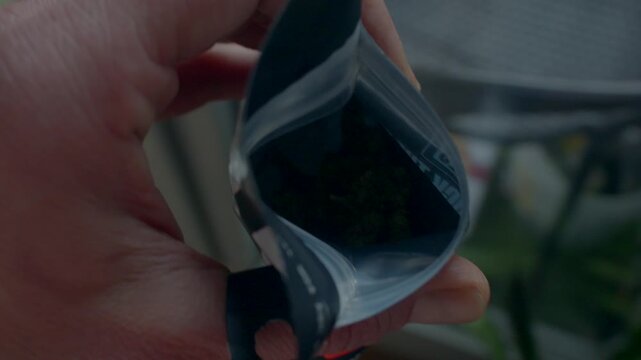 closeup cannabis pouch opening on balcony, handheld resealable bag reveals green bud sample, soft natural light, casual home setting, intimate inspection by buyer, focus on texture, label, discreet 
