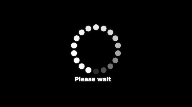 Rotating circular loading spinner icon with please wait text on black background
