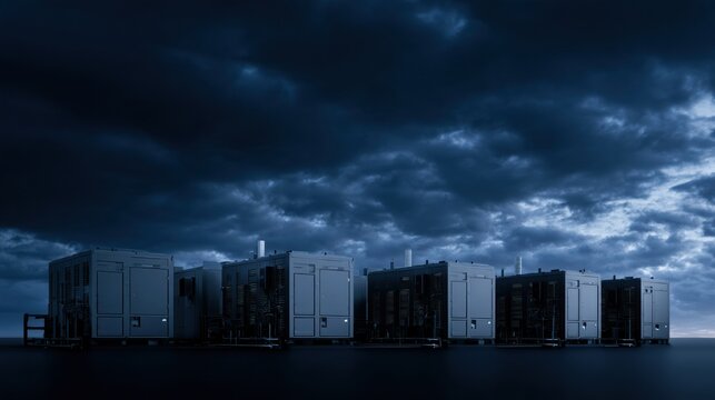 The scene shows six SMR units deployed in a row, contributing to a clean energy infrastructure under a dramatic dark sky.
