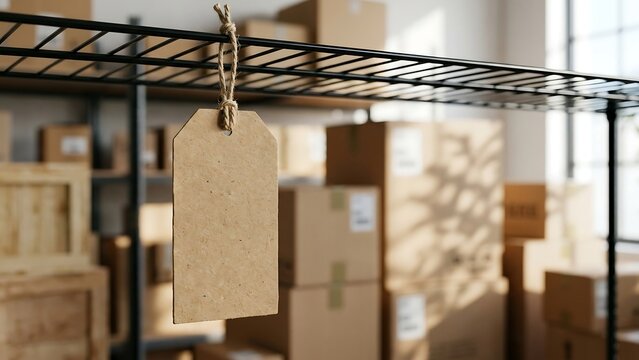 Blank cardboard price tag or label hanging on a metal rack in a blurred warehouse background filled with shipping boxes, perfect for e-commerce, logistics, and inventory management concepts.
