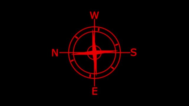 Red compass rose navigation icon animation on black background, for directional ui