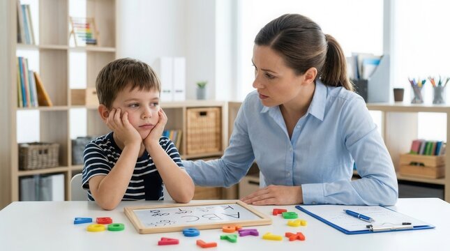 Little boy feeling sad and bored, refusing to cooperate with his teacher and speech therapist in an office.
