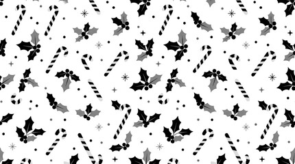 Fototapeta premium Black and white Christmas candy canes and holly leaves seamless pattern background photo