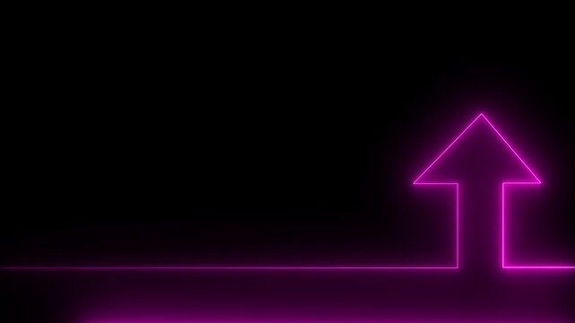 Neon pink glowing arrow pointing upwards on black background, minimalist digital growth concept