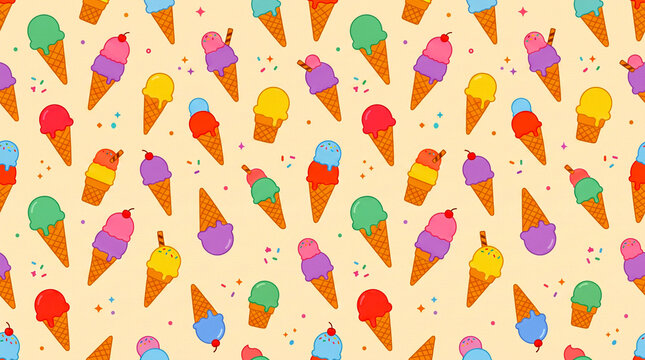 Colorful sweet ice cream cones and sprinkles seamless pattern background
