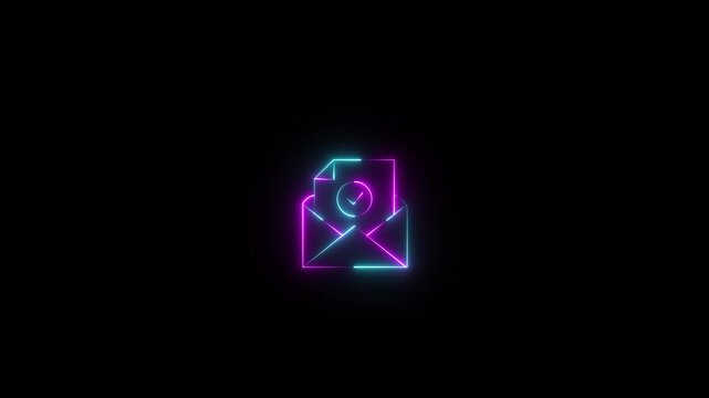 Green neon envelope icon with verified document and checkmark symbol for successful email icon animation on black background. 4k video
