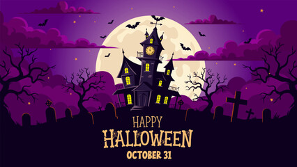 Fototapeta premium Happy Halloween Scene - Spooky Haunted House Graveyard with Full Moon and Bats on Purple Night Sky Background