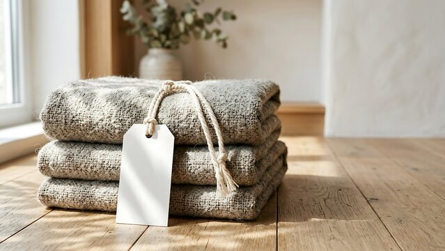Stack of folded gray textured blankets with blank white paper price tag on wooden floor in sunlit interior, cozy home decor textile concept for sustainable retail boutique and brand mockup.