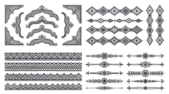 Set of rustic textile ornaments and decorative borders isolated on