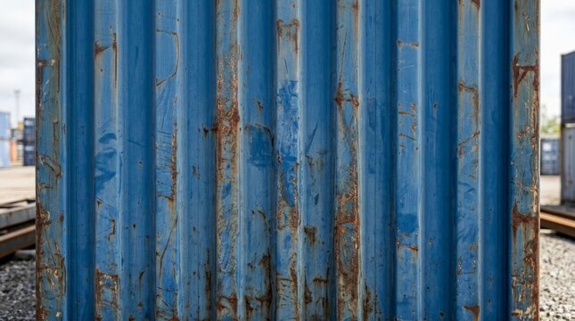 A close up view of a blue shipping container displaying a heavy rust texture metal across its corrugated surface, showing signs of aging and wear in an industrial storage yard setting