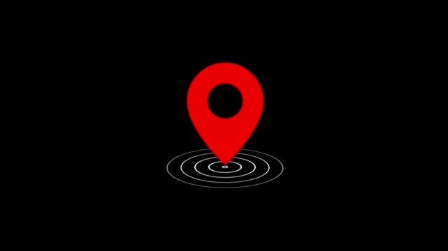 Red map location pin icon with animated pulsing radar circles on black background