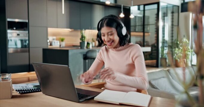 Dance, laptop or woman in house with headphones, song connection or music playlist in remote work. Rhythm, happy or freelancer in lounge with tech, feeling beat or radio subscription on audio app.