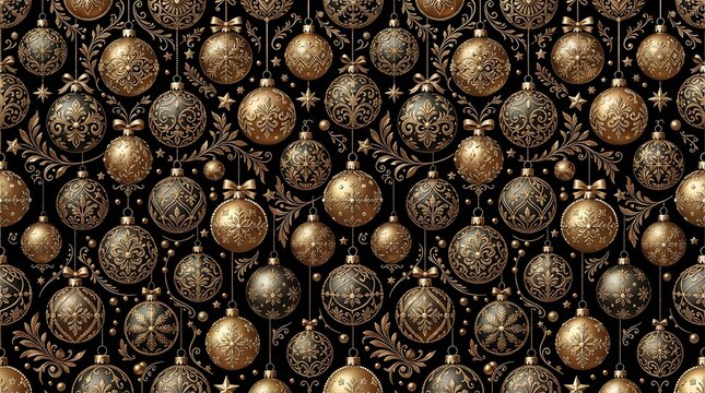 Dark luxury pattern featuring hanging golden holiday spheres and ornate gold swirls.