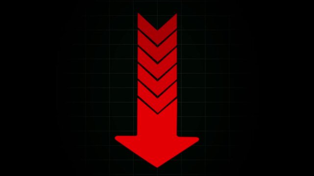 Red downward arrow motion with digital grid background, for data analysis