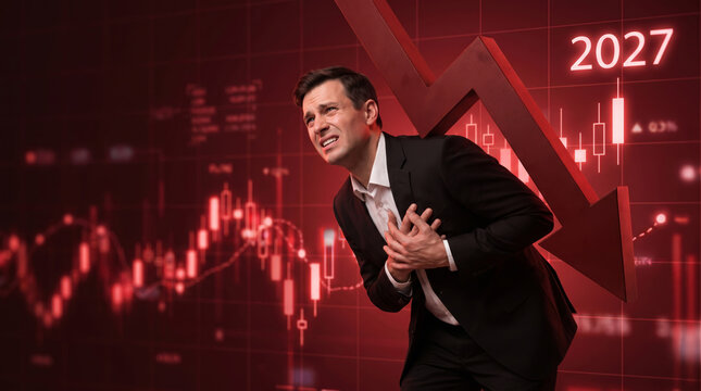 Inflation red arrow economy crisis showing distressed businessman. Financial crisis recession. stock price increase falling, bankruptcy risk loss, chart graph statistic