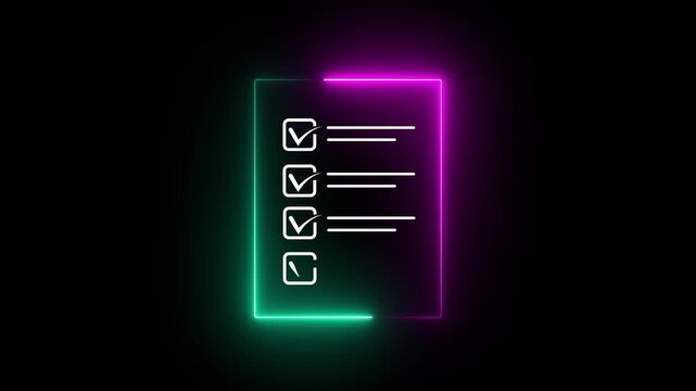 Neon glowing checklist animation with checkmarks appearing on dark background