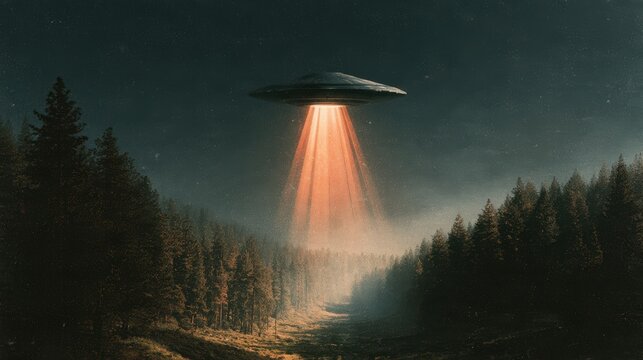 Ufo flying above a misty forest at night, emitting an orange light beam