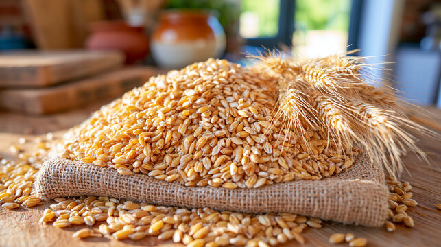 Fresh wheat kernels forming a natural pile on rough burlap fabric in a cozy farmhouse kitchen, loose grains scattered around the edges, rustic wooden boards and handmade pottery visible in the backg