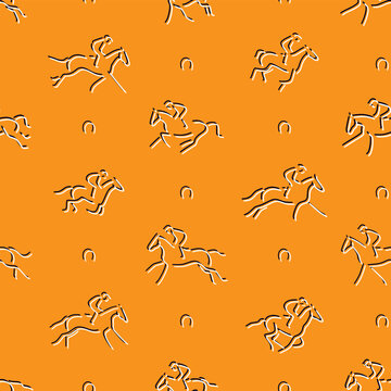 Seamless equestrian pattern with horse racing jockeys, galloping horses and horseshoe symbols
