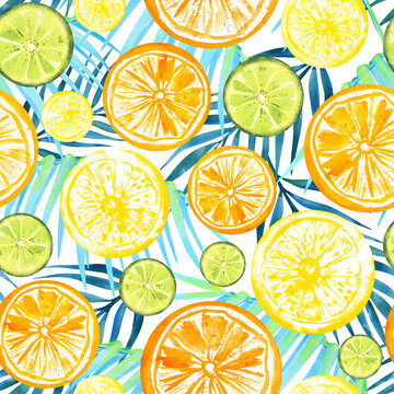 Tropical citrus fruit seamless watercolor pattern