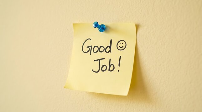 Yellow sticky note with good job message and smiley face on wall