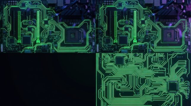 Glowing green circuit board patterns with intricate tracks and microchips
