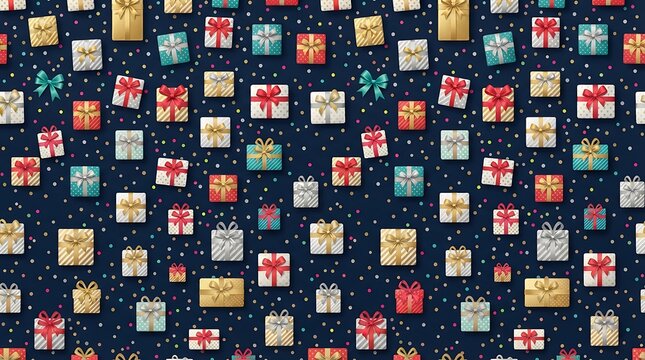 Colorful gift box pattern with confetti on navy blue background for celebration art.