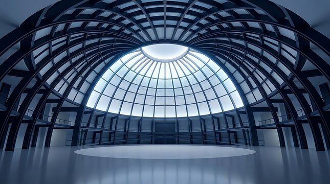 Striking architectural interior with arched ribbed structure and bright skylight